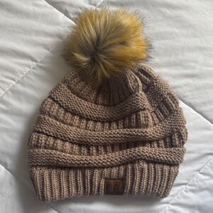 C.C Brown Knit Beanie with Faux Fur Pom